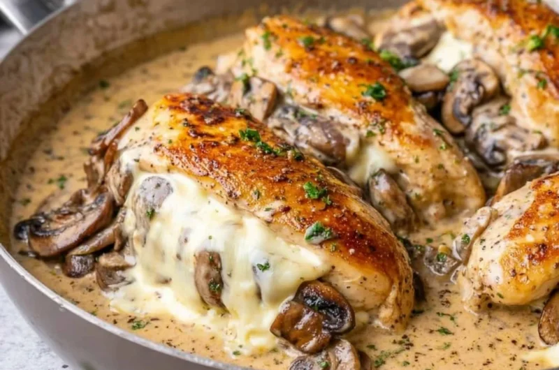 Stuffed chicken breast filled with mushroom and cheese.