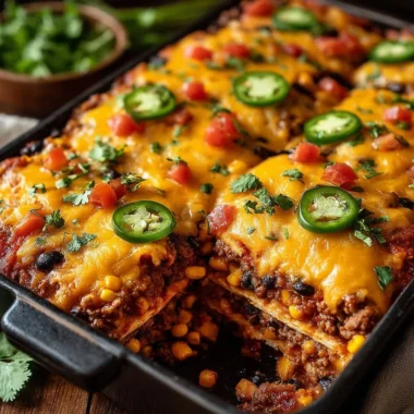 Taco Bake Casserole topped with cheese, salsa, and fresh toppings.