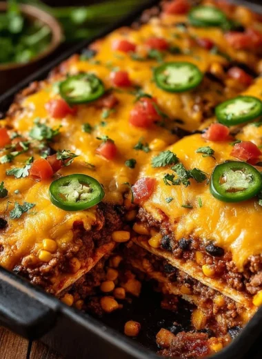 Taco Bake Casserole topped with cheese, salsa, and fresh toppings.