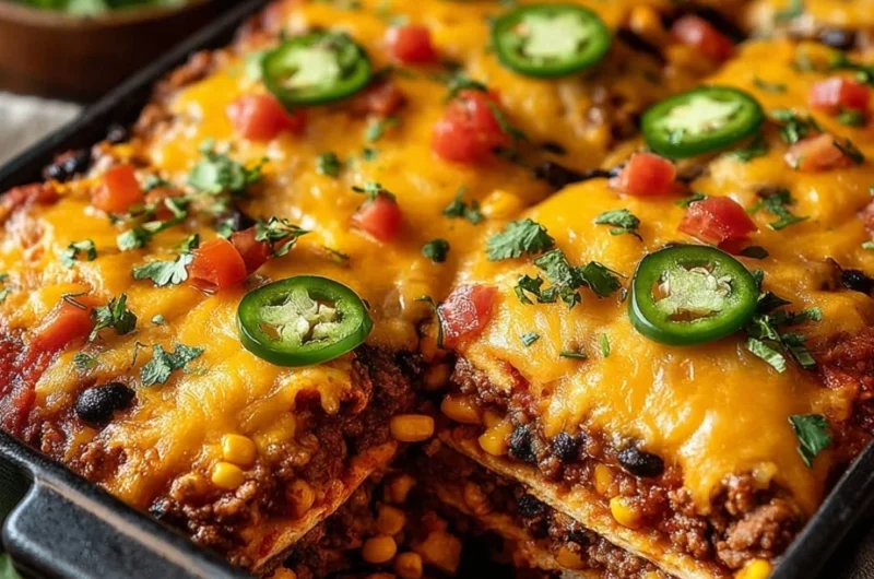 Taco Bake Casserole topped with cheese, salsa, and fresh toppings.