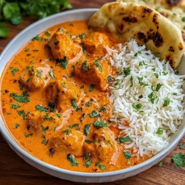 Delicious butter chicken served with naan and rice.