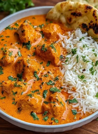 Delicious butter chicken served with naan and rice.