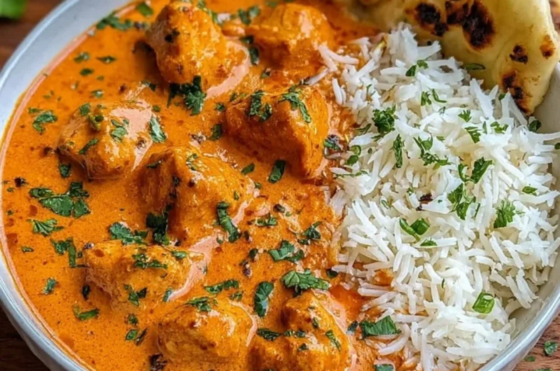 Delicious butter chicken served with naan and rice.