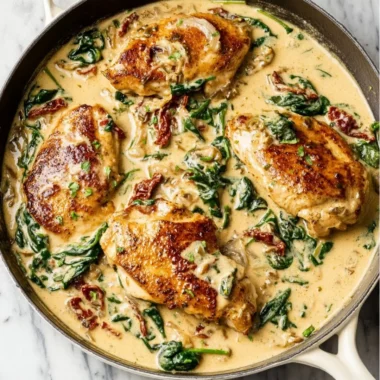 Delicious Tuscan Chicken dish with sun-dried tomatoes and spinach