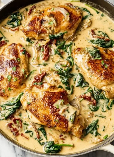 Delicious Tuscan Chicken dish with sun-dried tomatoes and spinach