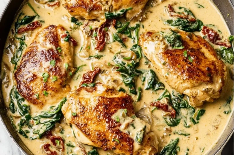 Delicious Tuscan Chicken dish with sun-dried tomatoes and spinach