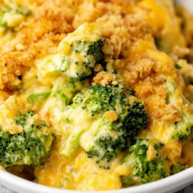 Creamy Velveeta Broccoli Casserole in a baking dish