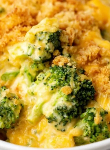 Creamy Velveeta Broccoli Casserole in a baking dish