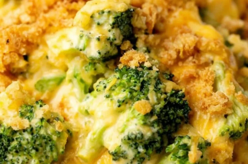 Creamy Velveeta Broccoli Casserole in a baking dish