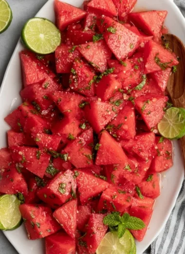 Delicious Watermelon Mojito Salad with mint and lime on a plate