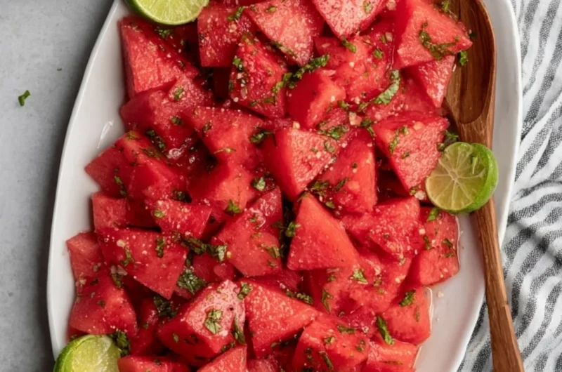 Delicious Watermelon Mojito Salad with mint and lime on a plate