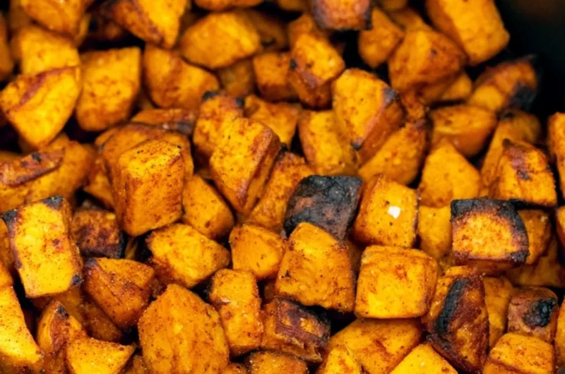Crispy air fryer sweet potato cubes served in a bowl