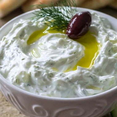 Bowl of authentic tzatziki sauce with cucumbers and herbs