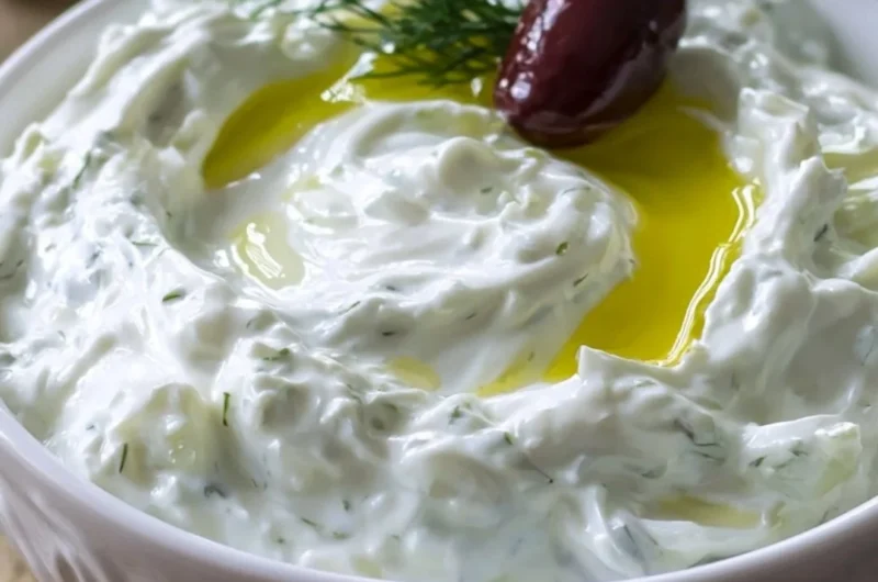 Bowl of authentic tzatziki sauce with cucumbers and herbs