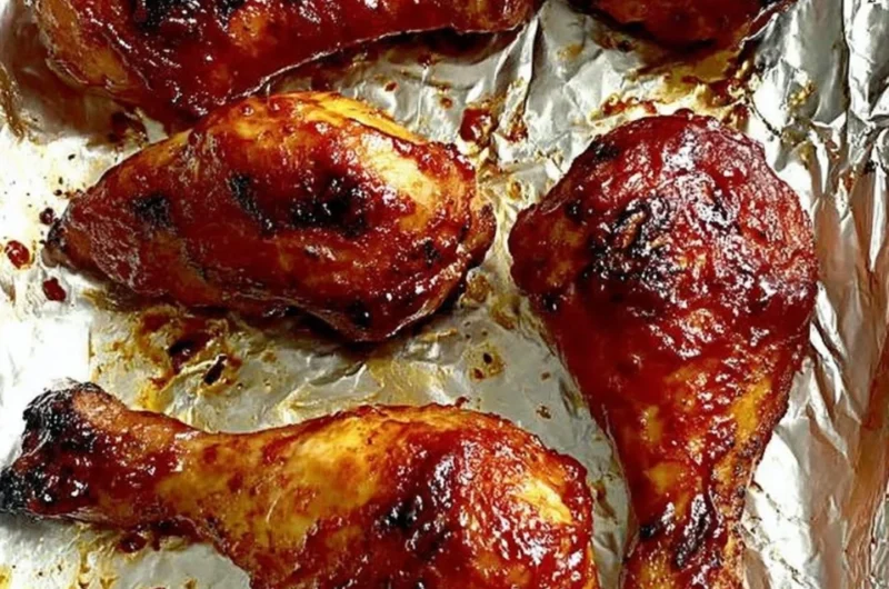 Baked BBQ Chicken Drumsticks garnished with fresh herbs on a plate