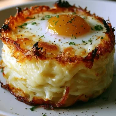 Delicious Baked Eggs Napoleon topped with herbs and cheese, ready to serve.