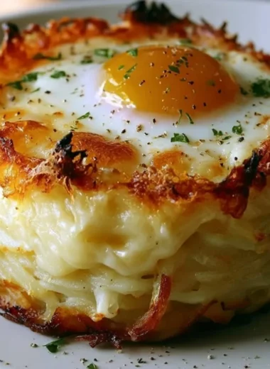 Delicious Baked Eggs Napoleon topped with herbs and cheese, ready to serve.