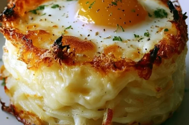 Delicious Baked Eggs Napoleon topped with herbs and cheese, ready to serve.