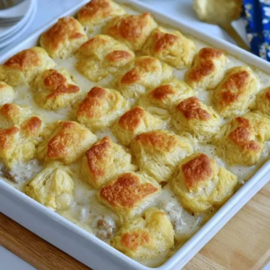 Delicious biscuits and gravy casserole served in a baking dish