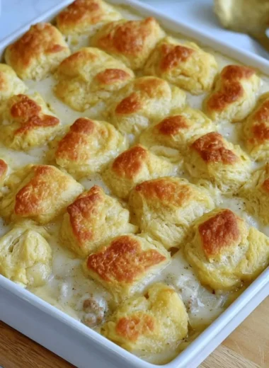 Delicious biscuits and gravy casserole served in a baking dish