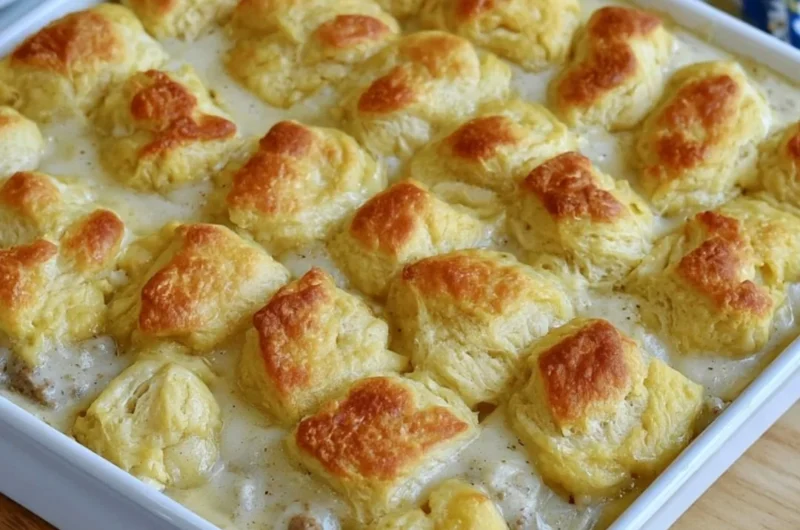 Delicious biscuits and gravy casserole served in a baking dish