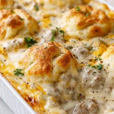 Delicious Biscuits and Gravy Casserole served in a bright kitchen setting.