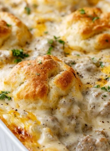 Delicious Biscuits and Gravy Casserole served in a bright kitchen setting.