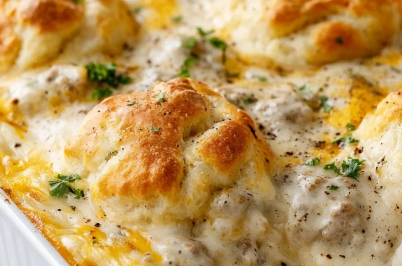 Delicious Biscuits and Gravy Casserole served in a bright kitchen setting.