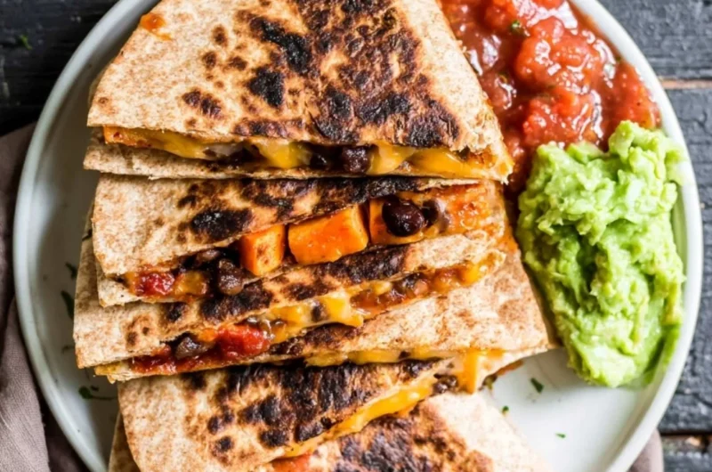 Black Bean Sweet Potato Quesadilla on a plate, garnished with fresh herbs.