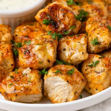 Plate of delicious buttery chicken bites garnished with herbs