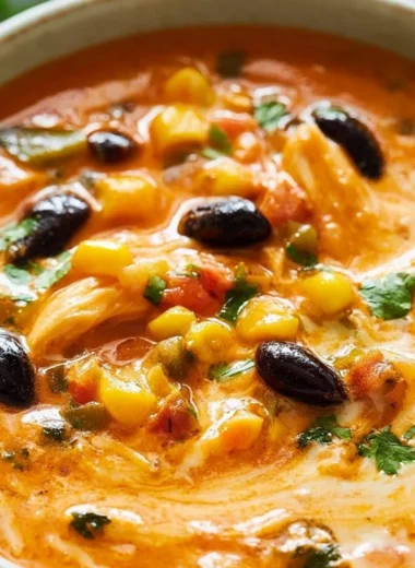 Bowl of Chicken Enchilada Soup topped with cheese and cilantro.
