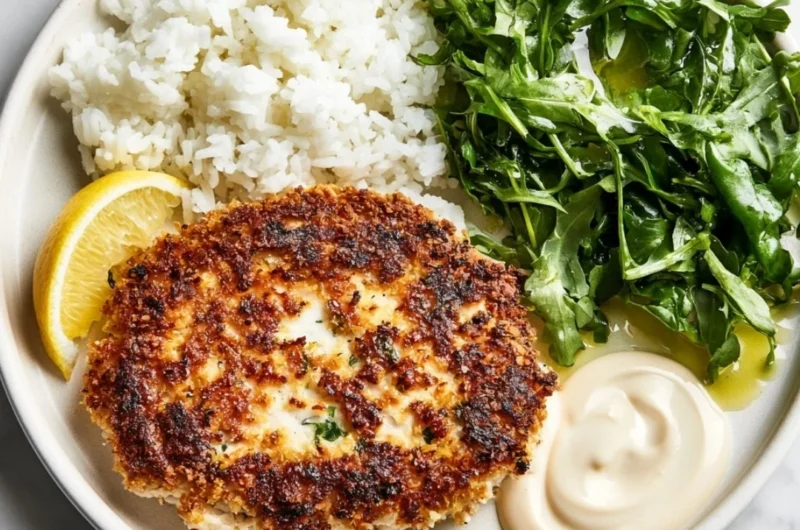 Crispy homemade chicken patties served with a side of salad