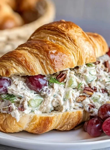 Chicken salad croissant sandwich with fresh ingredients on a plate