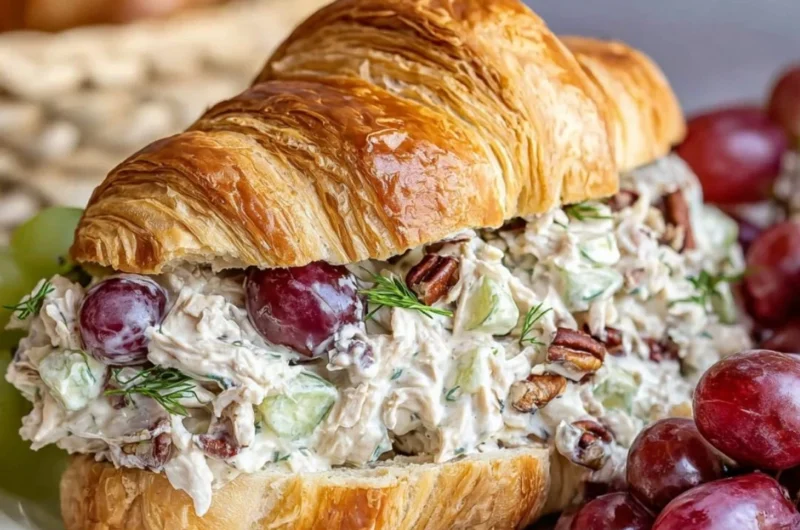 Chicken salad croissant sandwich with fresh ingredients on a plate