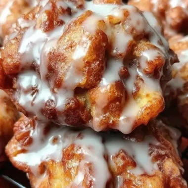 Cinnamon apple fritters topped with sugar glaze and sprinkled with cinnamon