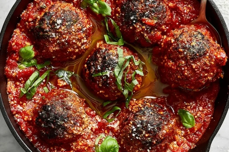 Iconic classic meatballs served with pasta in a savory tomato sauce