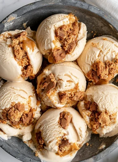 Creamy cookie butter ice cream in a bowl topped with cookie crumbles