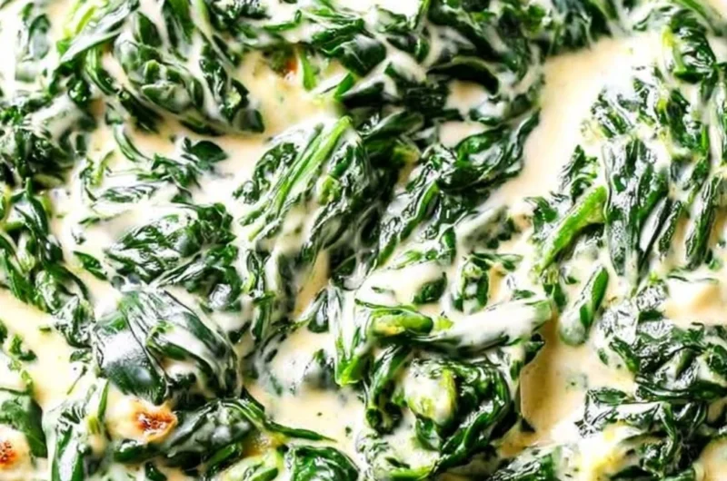 Delicious bowl of creamed spinach garnished with herbs