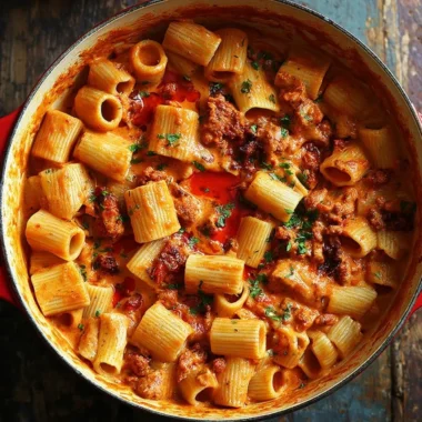 Creamy chorizo pasta with herbs and spices in a serving bowl