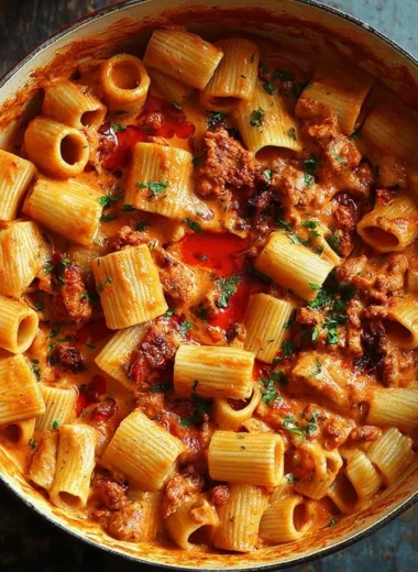 Creamy chorizo pasta with herbs and spices in a serving bowl