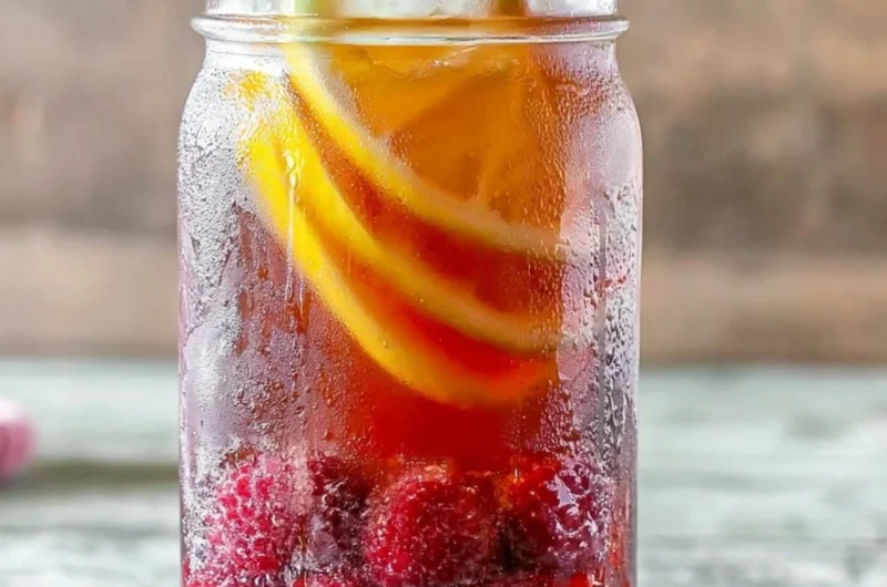 A refreshing glass of Earl Grey Raspberry Iced Tea with berries and lemon slices.