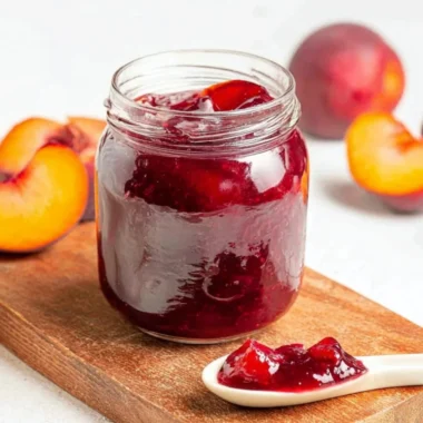 Homemade plum jam in a jar with fresh plums on a wooden table