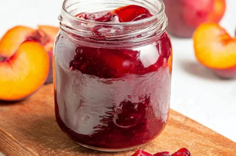 Homemade plum jam in a jar with fresh plums on a wooden table