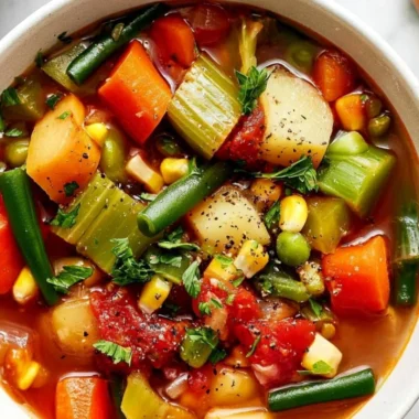Bowl of easy vegetable soup filled with fresh vegetables and herbs