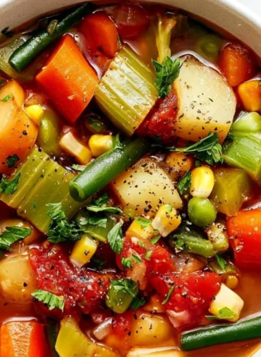Bowl of easy vegetable soup filled with fresh vegetables and herbs