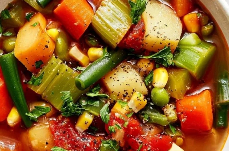 Bowl of easy vegetable soup filled with fresh vegetables and herbs