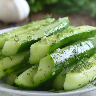 Delicious Garlic Dill Cucumbers served in a bowl with fresh herbs