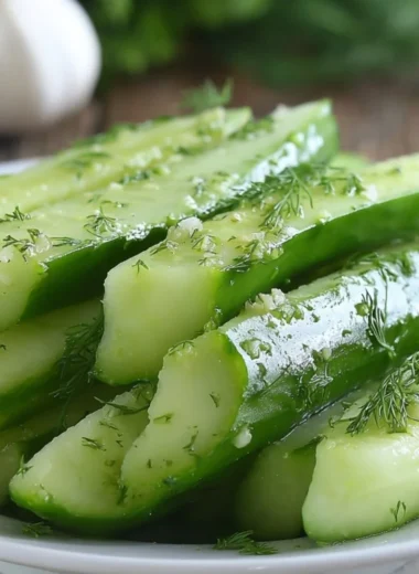 Delicious Garlic Dill Cucumbers served in a bowl with fresh herbs