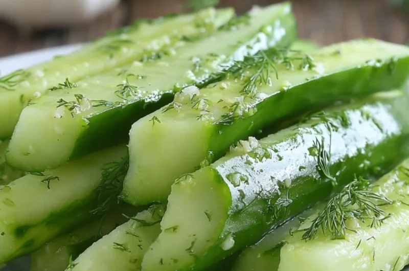 Delicious Garlic Dill Cucumbers served in a bowl with fresh herbs