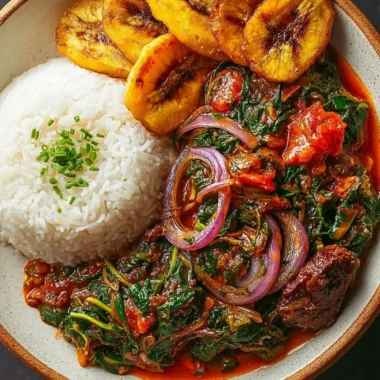 A bowl of Ghanaian Spinach Stew garnished with herbs and spices.